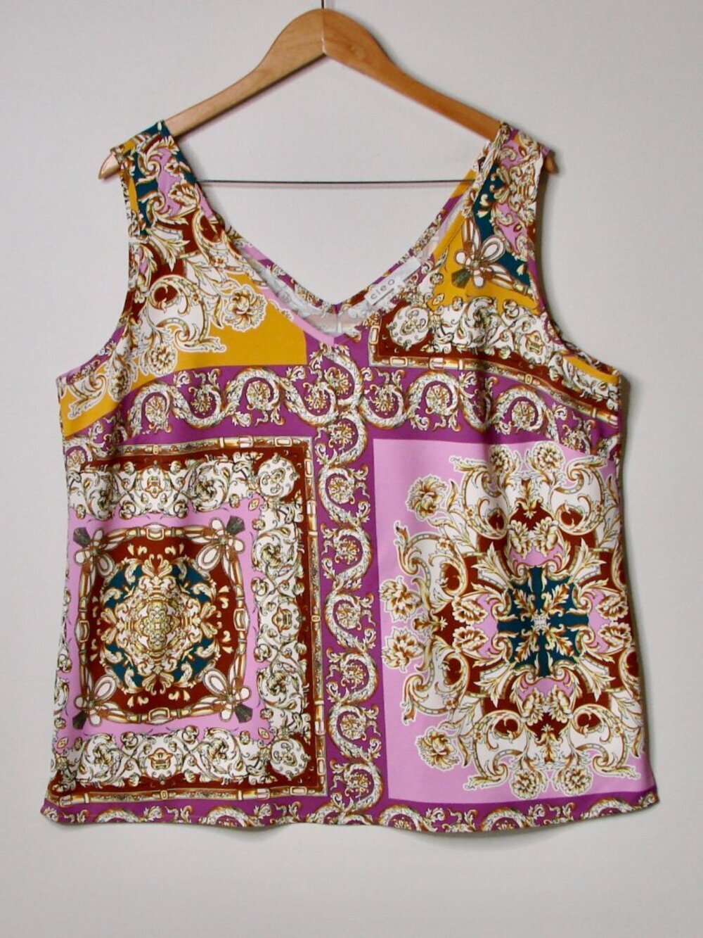 Cleo Oversized Baroque Print V-Neck Tank Top - Pink, Gold, Teal, Burgundy